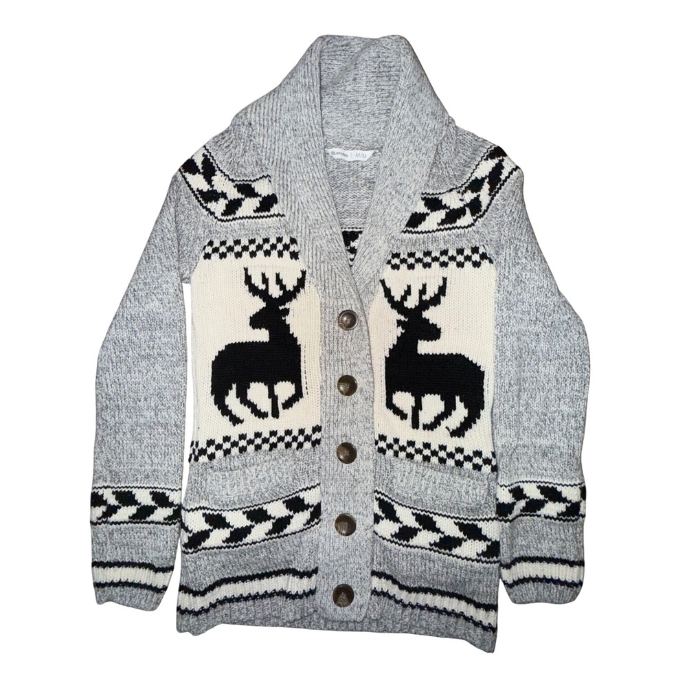 Woman's M Elk Deer Cottagecore Cowichan Cardigan Knit Sweater Aztec‎
